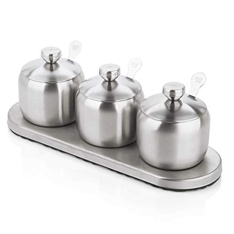 Tenta Kitchen 18/8 Stainless Steel Seasoning Containers Set Spice Jar Spice Rack Condiment Cruet Bottle Salt Pepper Sugar Storage Organizers with 3 Serving Spoons And Non-slip Base