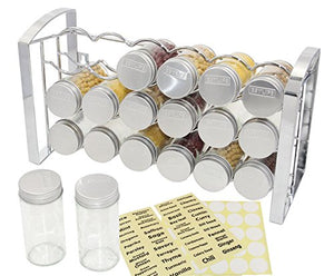 TQVAI 3 Tier Spice Rack Stand and 18-Glass Jars 48 Labels Stickers, Chrome