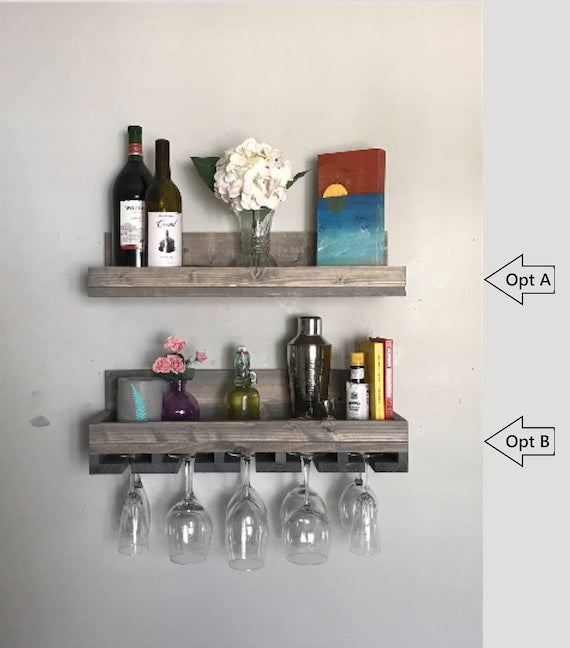 Wood Wall Mounted Wine Rack | The Ryan | Shelf & Glass Holder Organizer Floating Ledge Unique Rustic Bar Shelves Grey by DistressedMeNot