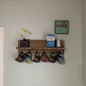 Coffee Cup Mug Rack with Shelf | Rustic Modern Wood Wall Mounted Shelf Display Hook Organizer Mask Holder Coat Key Rack Key Holder by DistressedMeNot