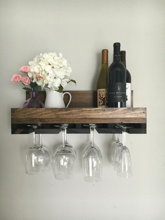 Wood Wine Rack | The Ryan | Wall Mounted Shelf & Stemware Glass Holder Organizer Unique Rustic by DistressedMeNot