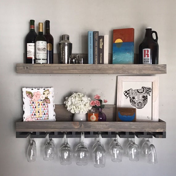 36" (LONG) Rustic Wood Wine Rack | Wall Mounted Shelf & Hanging Stemware Glass Holder Organizer Bar Shelf Floating Ledge Unique (Grey) by DistressedMeNot