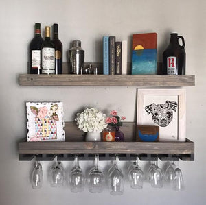 Wood Wine Rack Shelves | Wall Mounted Shelf & Hanging Stemware Glass Holder Organizer Bar Shelf Floating Ledge Unique Rustic Bar Shelving by DistressedMeNot
