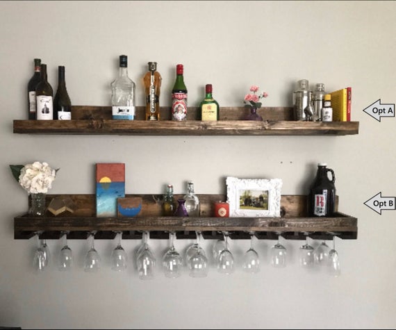 60" Long Rustic Wood Wine Rack Wall Mounted Shelf & Hanging Stemware Glass Holder Organizer Bar Shelf Unique by DistressedMeNot