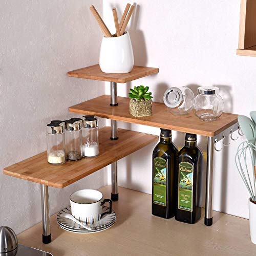 Ollieroo 3 Tier Corner Shelf Bamboo Spice Rack Desk Bookshelf Display Shelves Space Saving Organizer for Living Room, Kitchen, Office (with hooks)