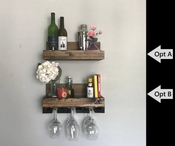 16" Rustic Wood Wine Rack  | Shelf & Stemware Glass Holder Organizer Ledge Unique Narrow Short by DistressedMeNot