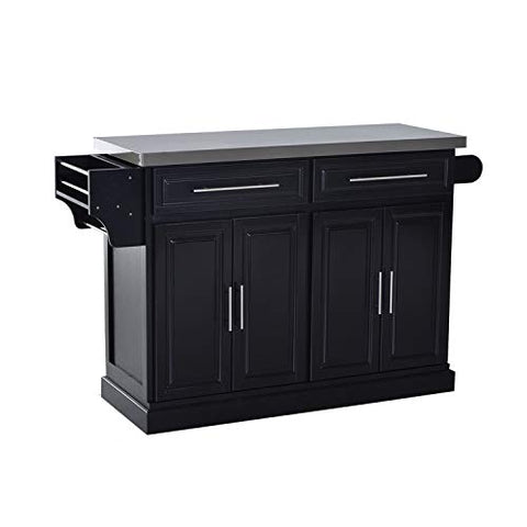 Black Stainless Steel Top Invisible Rolling Kitchen Island 2 Cabinets 2 Drawers Towel Bar Spice Rack Knife Holder Pantry Silverware Utensils Kitchenware Dishware Kitchen Essentials Storage Organizer