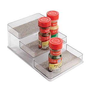 iDesign Twillo Plastic Stadium Spice Rack, 3-Tier Organizer for Kitchen Pantry, Cabinet, Countertops, Vanity, Office, Craft Room, 10.3" x 6" x 4", Metallico and Clear