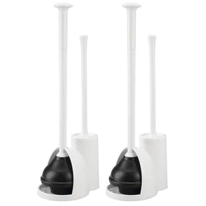 Latest mdesign modern slim compact freestanding plastic toilet bowl brush cleaner and plunger combo set kit with holder caddy for bathroom storage and organization covered lid brush 2 pack white