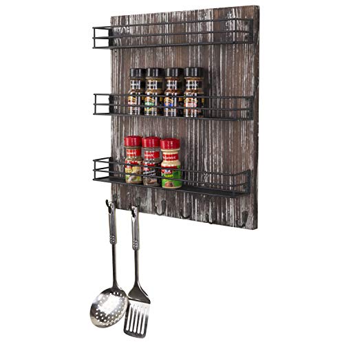 MyGift Wall-Mounted Torched Wood 3-Tier Spice Rack with 5 Hooks