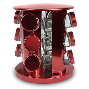 Rotating Kitchen Spice Rack Carousel 12 Jar Organizer for a Clutter Free Counter Top Metallic Red - Grand Sierra Designs