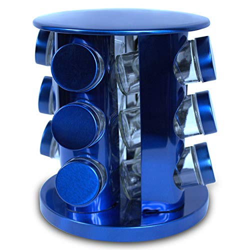 Rotating Kitchen Spice Rack Carousel 12 Jar Organizer for a Clutter Free Counter Top Metallic Blue - Grand Sierra Designs