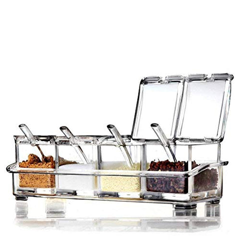 Clear Spice Rack Spice Pots - 4 Piece Acrylic Seasoning Box - Storage Container Condiment Jars - Cruet with Cover and Spoon - Spice Salt Container Sugar Storage Organizer