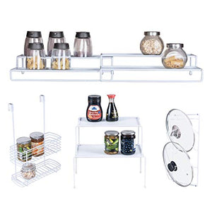 6-Piece Cabinet Storage Set: Expandable Stackable Kitchen and Counter Shelf Organizer/Metal Wire Pot and Pan Lid Rack/Over The Cabinet Storage Organizer Basket/Spice Rack Step Shelf Organizer, White