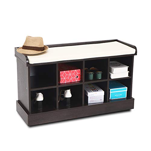 Wood Entryway Hall Shoe Cabinets Bench with 8 Cubbies Storage Organizer with Fireproof Cushion Brown