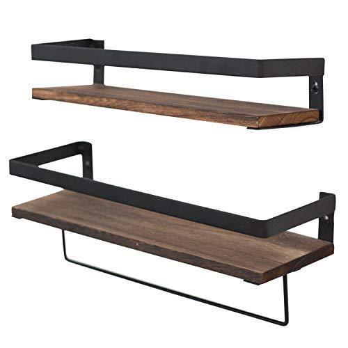 Top rated y me bathroom storage shelf wall mounted set of 2 rustic wood floating shelves with removable towel bar perfect for kitchen bathroom carbonized brown