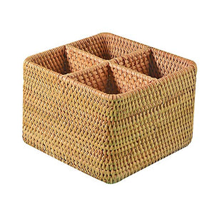 Handweaved Rattan 4 Compartments Storage Box Cosmetics Organizer Utensil and Bottle Serving Basket (180mm 4-compartment Box)