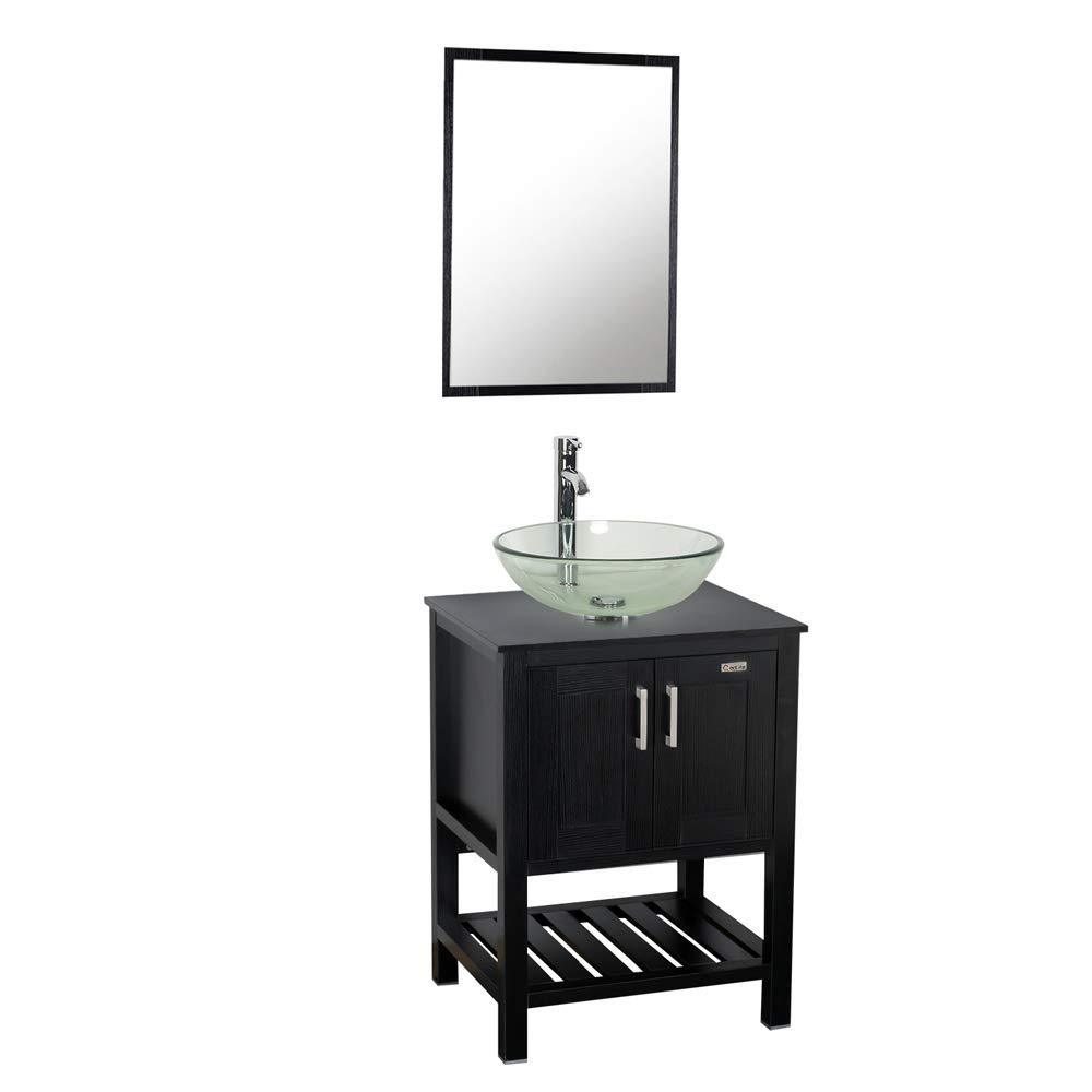 Results 24 bathroom vanity and sink combo stand cabinet mdf board cabinet tempered glass vessel sink round clear sink bowl 1 5 gpm water save chrome faucet solid brass pop up drain w mirror