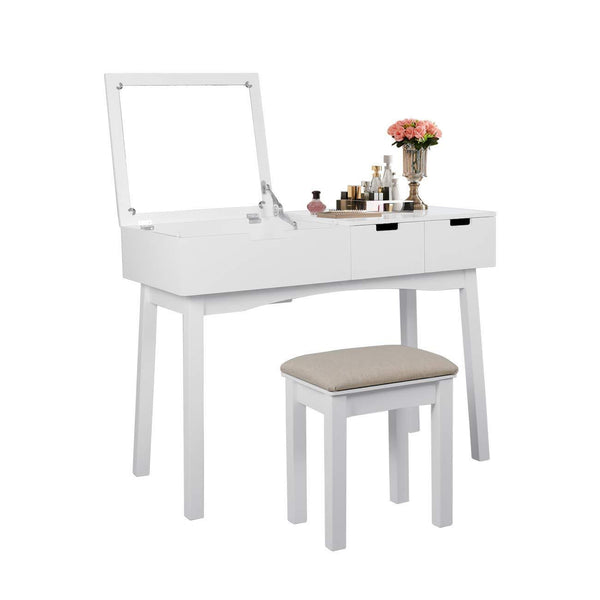 Top vanity set with dressing table flip top mirror organizer cushioned stool makeup wooden writing desk 2 drawers easy assembly beauty station bathroom white