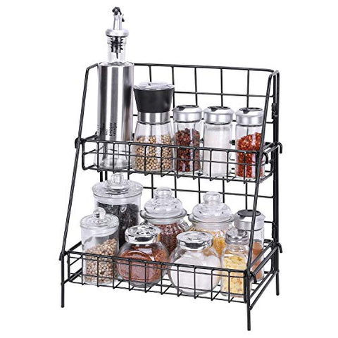 Kufox 2-Tier Spice Rack, Metal Wire Spice Organizer Shelf, Multifunctional Storage Organizer Rack for Kitchen, Pantry and Bathroom, Black