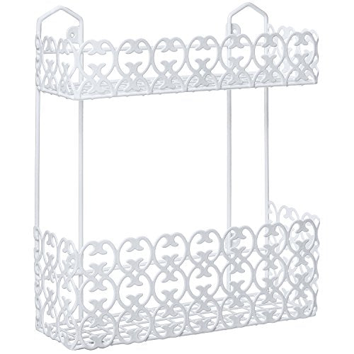 MyGift Wall-Mounted 2 Tier Shelf Rack for Kitchen Spices/Bathroom Product Holder, White
