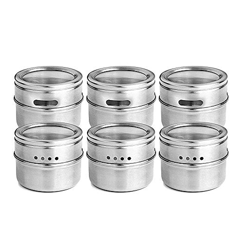 Plainmarsh Spice Jar 6 Set, Magnetic Stainless Steel Spice Tins Spice Rack Organizer Condiment Container Set,Clear Top Lid & Sift-Pour Pack of 6