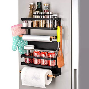 Sunix Kitchen Rack Fridge Magnetic Organizer, 12.6x5.2x18.1in New Design Paper Towel Holder, Rustproof Spice Jars Rack, Multi Use Refrigerator Side Shelf Including 5 Removable mobile Hooks (BLACK)