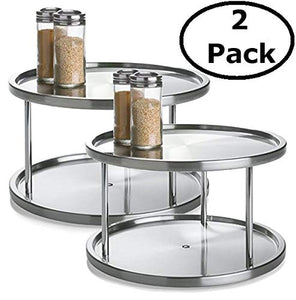 2 Tier 2 PK Lazy Susan - Stainless Steel 360 Degree Turntable – Rotating 2 Level Tabletop Stand for Your Dining Table, Kitchen Counters and Cabinets – Turning Table Spice Rack Organizer Tray - 2 Pack