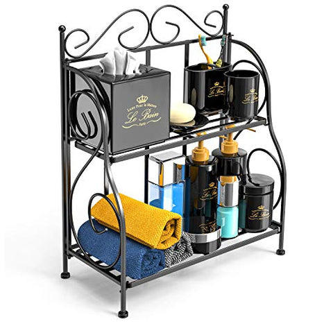 F-color Bathroom Countertop Organizer, 2 Tier Collapsible Kitchen Counter Spice Rack Jars Bottle Shelf Organizer Rack, Black