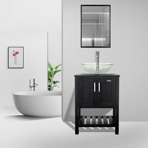 Shop for 24 bathroom vanity and sink combo stand cabinet mdf board cabinet tempered glass vessel sink round clear sink bowl 1 5 gpm water save chrome faucet solid brass pop up drain w mirror
