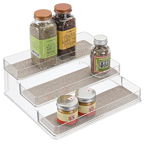 iDesign Twillo Plastic Stadium Spice Rack, 3-Tier Organizer for Kitchen Pantry, Cabinet, Countertops, Vanity, Office, Craft Room, 9.2" x 10" x 4", Metallico and Clear