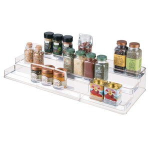 mDesign Large Plastic Adjustable, Expandable Kitchen Cabinet, Pantry, Shelf Organizer/Spice Rack with 3 Tiered Levels of Storage for Spice Bottles, Jars, Seasonings, Baking Supplies - Clear