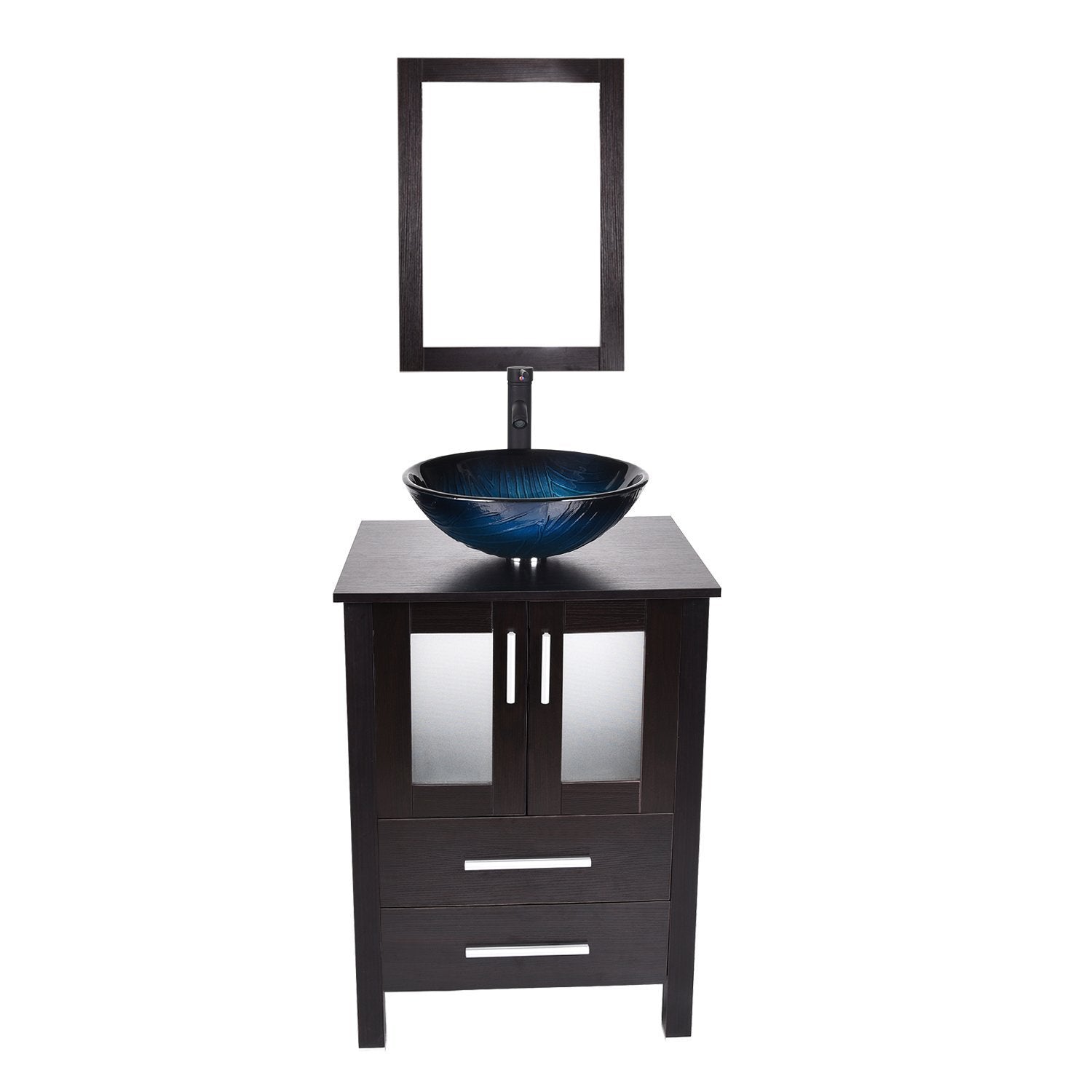 Selection 24 inch bathroom vanity modern stand pedestal cabinet wood black fixture with mirror ocean blue tempered glass sink top with single faucet hole