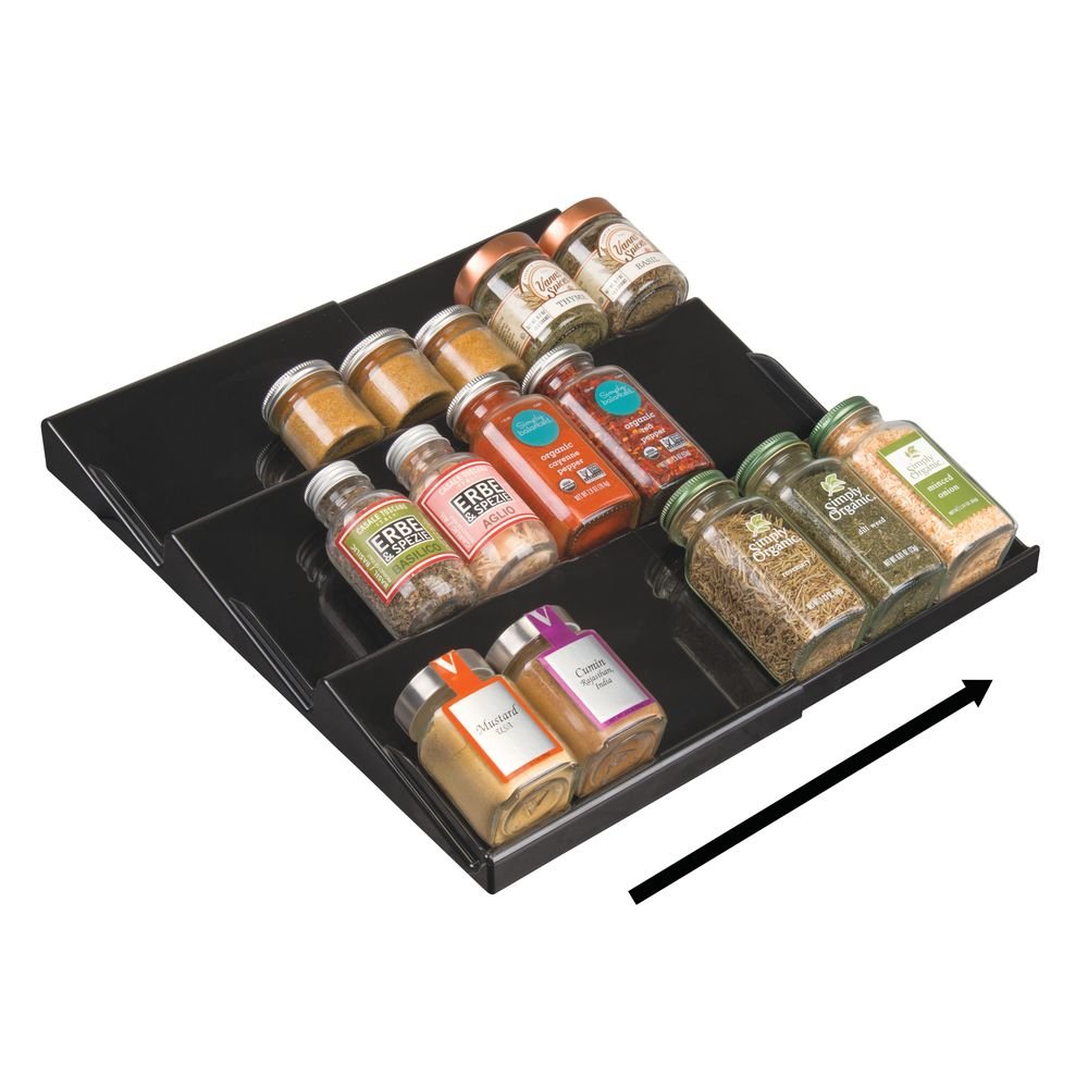 mDesign Adjustable, Expandable Plastic Spice Rack, Drawer Organizer for Kitchen Cabinet Drawers - 3 Slanted Tiers for Garlic, Salt, Pepper Spice Jars, Seasonings, Vitamins, Supplements - Black