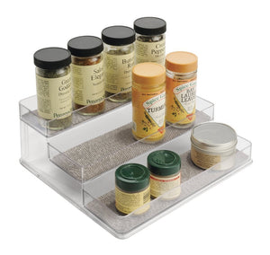 mDesign Decorative Small Plastic Spice Bottles Rack, Storage Organizer for Kitchen Pantry, Cabinet, Shelf, Countertops - Wide, Metallico/Clear