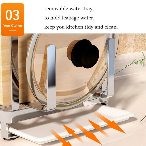 Multifunctional Cutting Board and knife Holder, Stainless Steel Organizer with Anti Slippery Mat and Bottom Removable Water Tray,Kitchen Utensils Storage Drying Drainer Rack, for Knives,Pot Cover,Fork