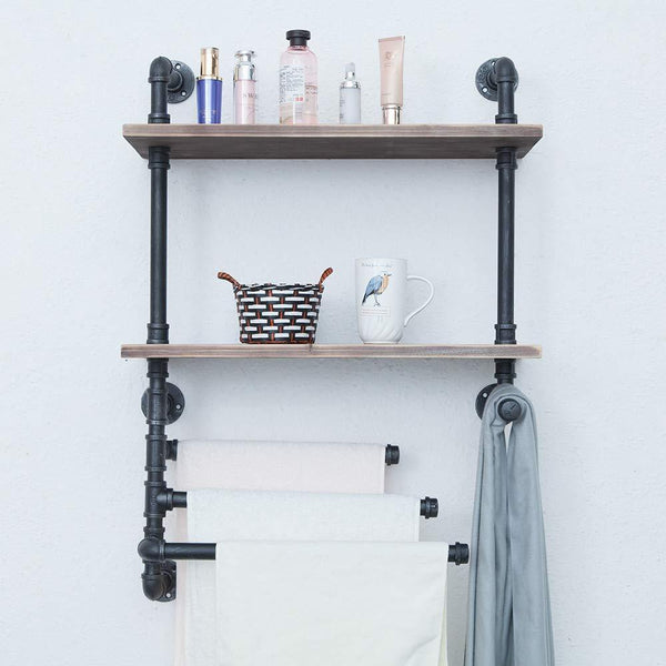 Best seller  industrial towel rack with 3 towel bar 24in rustic bathroom shelves wall mounted 2 tiered farmhouse black pipe shelving wood shelf metal floating shelves towel holder iron distressed shelf over toilet