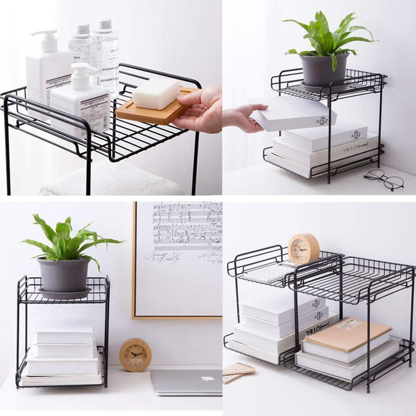 The best aiyoo 2 tier black metal bathroom standing storage organizer countertop kitchen condiment shelf rack for spice cans jars bottle shelf holder rack