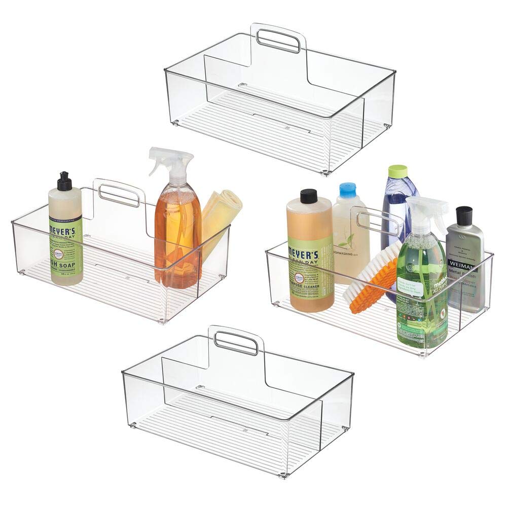mDesign Plastic Portable Storage Organizer Caddy Tote, Divided Bin, Handle for Bathroom, Kitchen Laundry/Utility Closet - Holds Cleaning Supplies, Window Cleaner, Dust Cloths - Large, 4 Pack - Clear