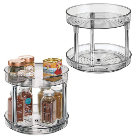 mDesign 2 Tier Lazy Susan Turntable Food Storage Container for Cabinets, Pantry, Fridge, Countertops - Spinning Organizer for Spices, Condiments - 9" Round, 2 Pack - Smoke Gray