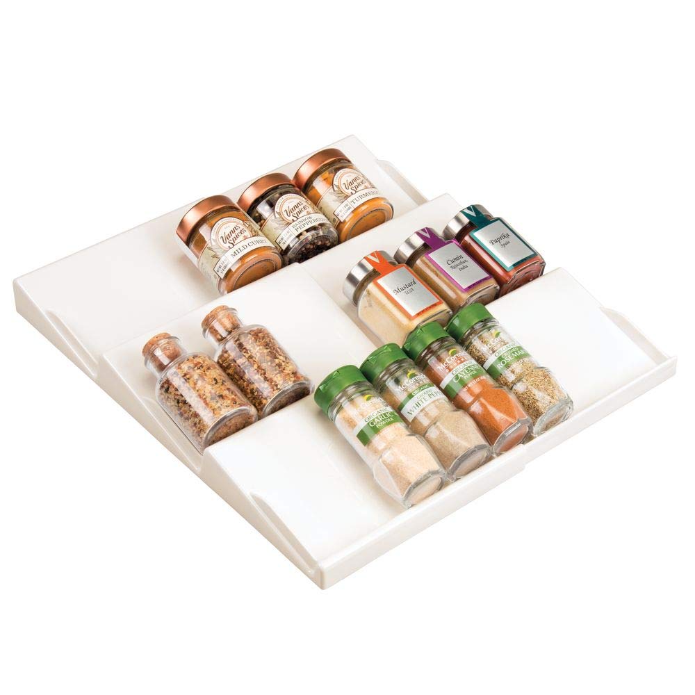 mDesign Adjustable, Expandable Plastic Spice Rack, Drawer Organizer for Kitchen Cabinet Drawers - 3 Slanted Tiers for Garlic, Salt, Pepper Spice Jars, Seasonings, Vitamins, Supplements - Cream/Beige
