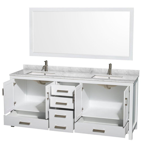 Shop for wyndham collection sheffield 80 inch double bathroom vanity in white white carrera marble countertop undermount square sinks and 70 inch mirror