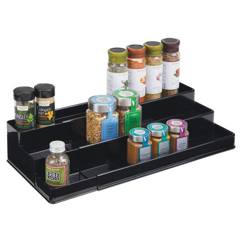 mDesign Medium Plastic Adjustable, Expandable Kitchen Cabinet, Pantry, Shelf Organizer/Spice Rack with 3 Tiered Levels of Storage for Spice Bottles, Jars, Seasonings, Baking Supplies - Black