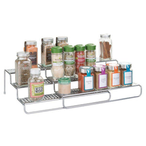 mDesign Adjustable, Expandable Kitchen Wire Metal Storage Cabinet, Cupboard, Food Pantry, Shelf Organizer Spice Bottle Rack Holder - 3 Level Storage - Up to 25" Wide - Silver