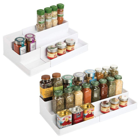 mDesign Plastic Adjustable, Expandable Kitchen Cabinet, Pantry, Shelf Organizer/Spice Rack with 3 Tiered Levels of Storage for Spice Bottles, Jars, Seasonings, Baking Supplies, 2 Pack - White