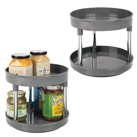 mDesign 2 Tier Lazy Susan Turntable Food Storage Container for Cabinets, Pantry, Fridge, Countertops - Spinning Organizer for Spices, Condiments - 9" Round, BPA Free, 2 Pack - Charcoal Gray