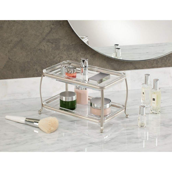 Discover the best idesign york plastic free standing double vanity tray 2 shelves storage for countertops desks dressers bathroom 10 5 x 6 5 x 6 satin silver and clear