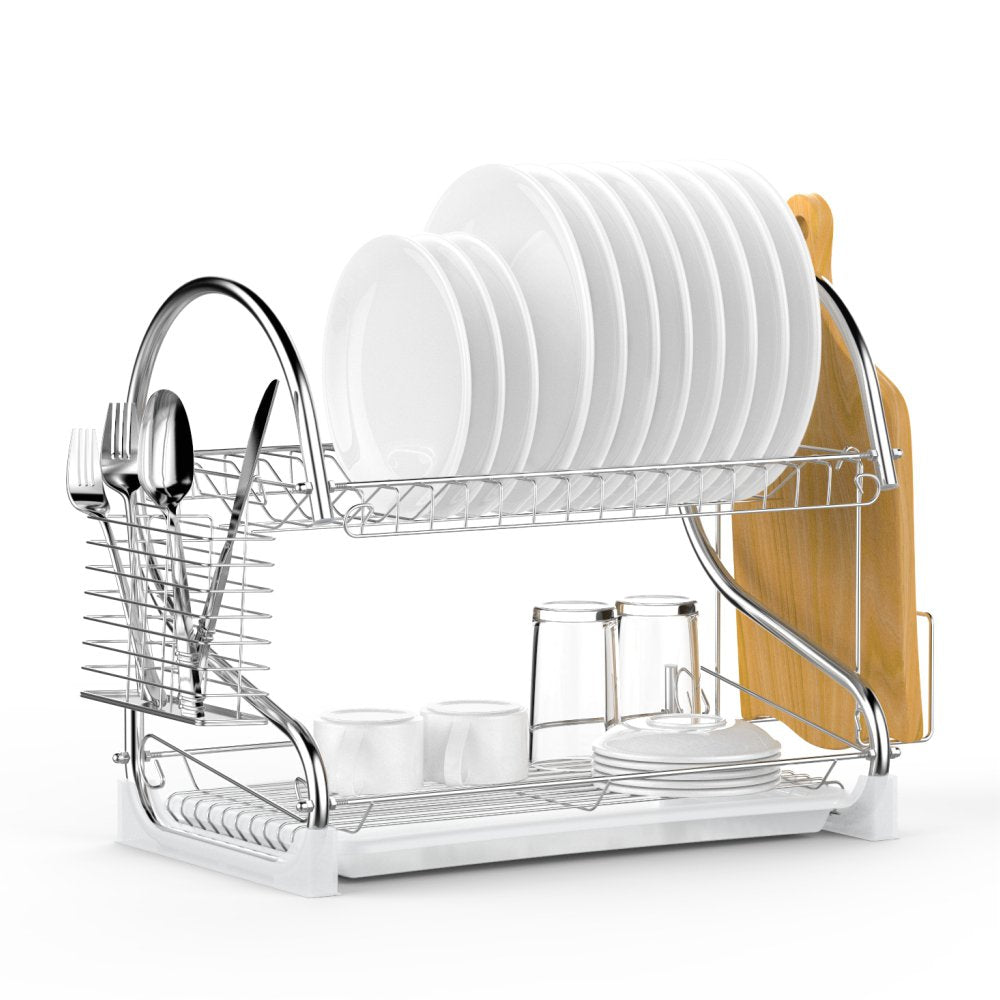 Dish Drying Rack, Ace Teah Upgrade 2 Tier Plated Chrome Dish Dryer Rack with Utensil Holder, Cutting Board Holder and Kitchen Dish Drainer for Kitchen Counter Top 17x9.7x14.6inch (Silver)
