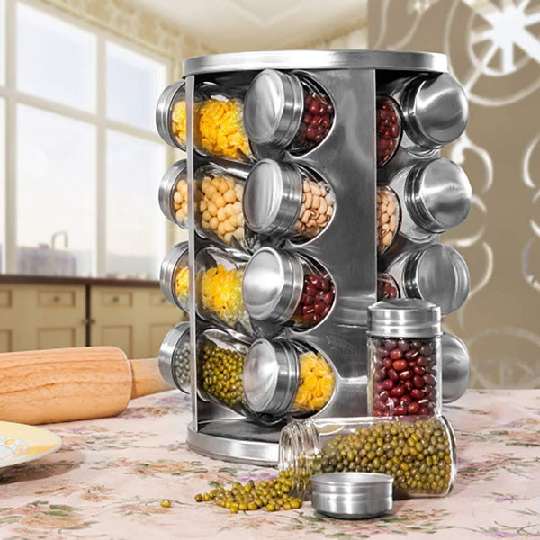 Spice Rack Revolving Stainless Steel Seasoning Storage Organizer Spice Carousel Tower for Kitchen Set of 16 Jars