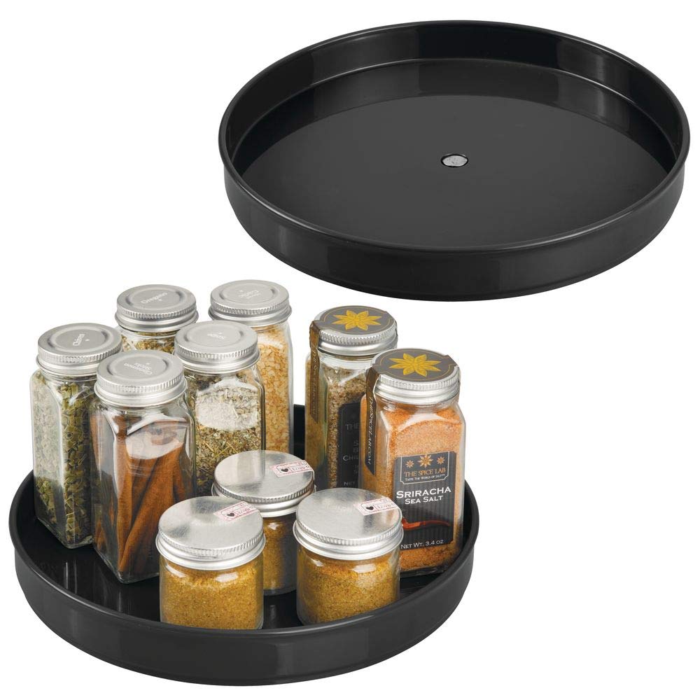 mDesign Plastic Lazy Susan Turntable Food Storage Container for Cabinets, Pantry, Refrigerator, Countertops - Spinning Organizer for Spices, Condiments, Baking Supplies - 9" Round, 2 Pack - Black